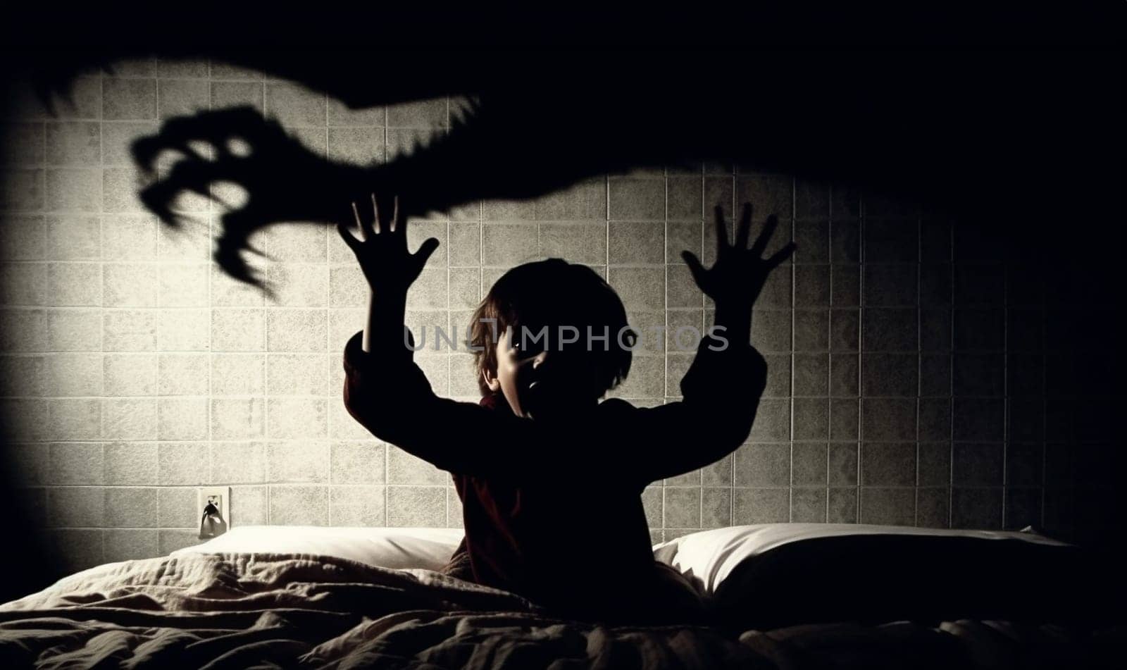 Monster in bedroom of child. Dark scary shadows. Fear of darkness concept. Little child scared of monster from nightmare. Lying in bed without sleep and being afraid of ghost. Isolated flat illustration copy space Space for text