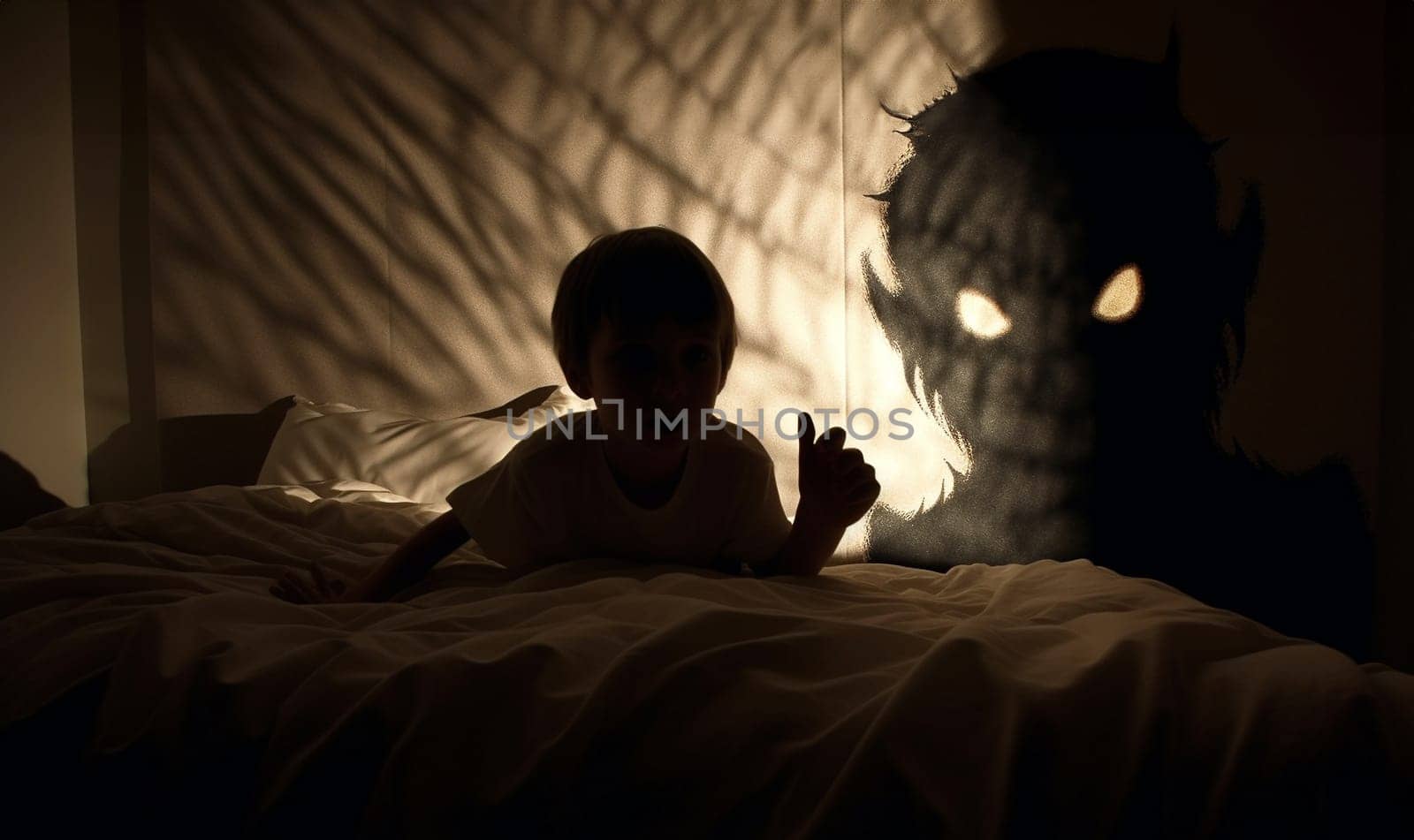 Monster in bedroom of child. Dark scary shadows. Fear of darkness concept. Little child scared of monster from nightmare. Lying in bed without sleep and being afraid of ghost. Isolated flat illustration copy space Space for text