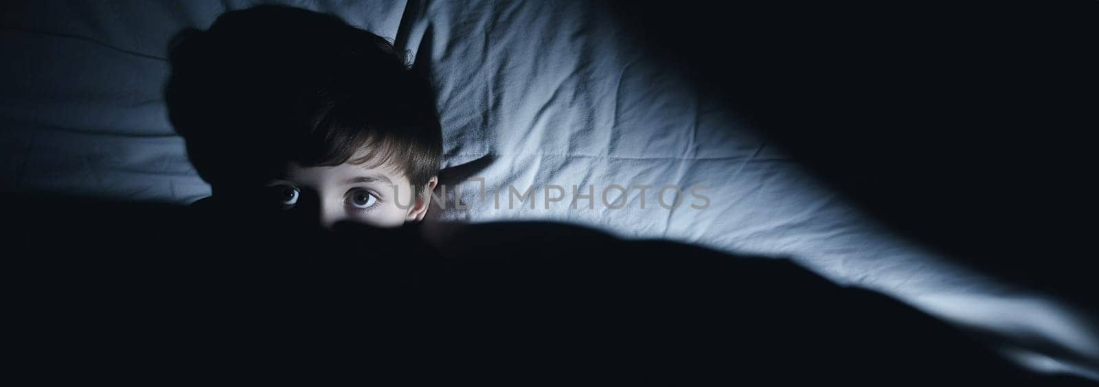 Scared boy in scary dark shadows lies in bed. Small child boy lies in bed in dark night and covers his face with his hands in fear, afraid of nightmares and terrible dreams in children. Concept of horror and domestic violence copy space