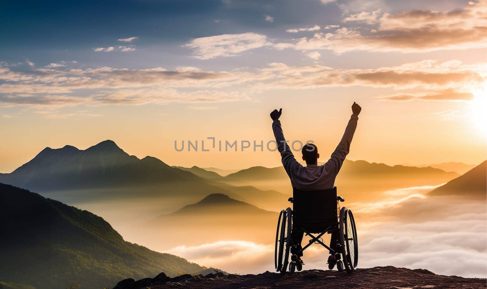 Handicapped male sitting in wheelchair on mountain peak. International Day of Persons with Disabilities (IDPD) concept Silhouette a disabled man in wheelchair raising his hands over mountain background by Annebel146