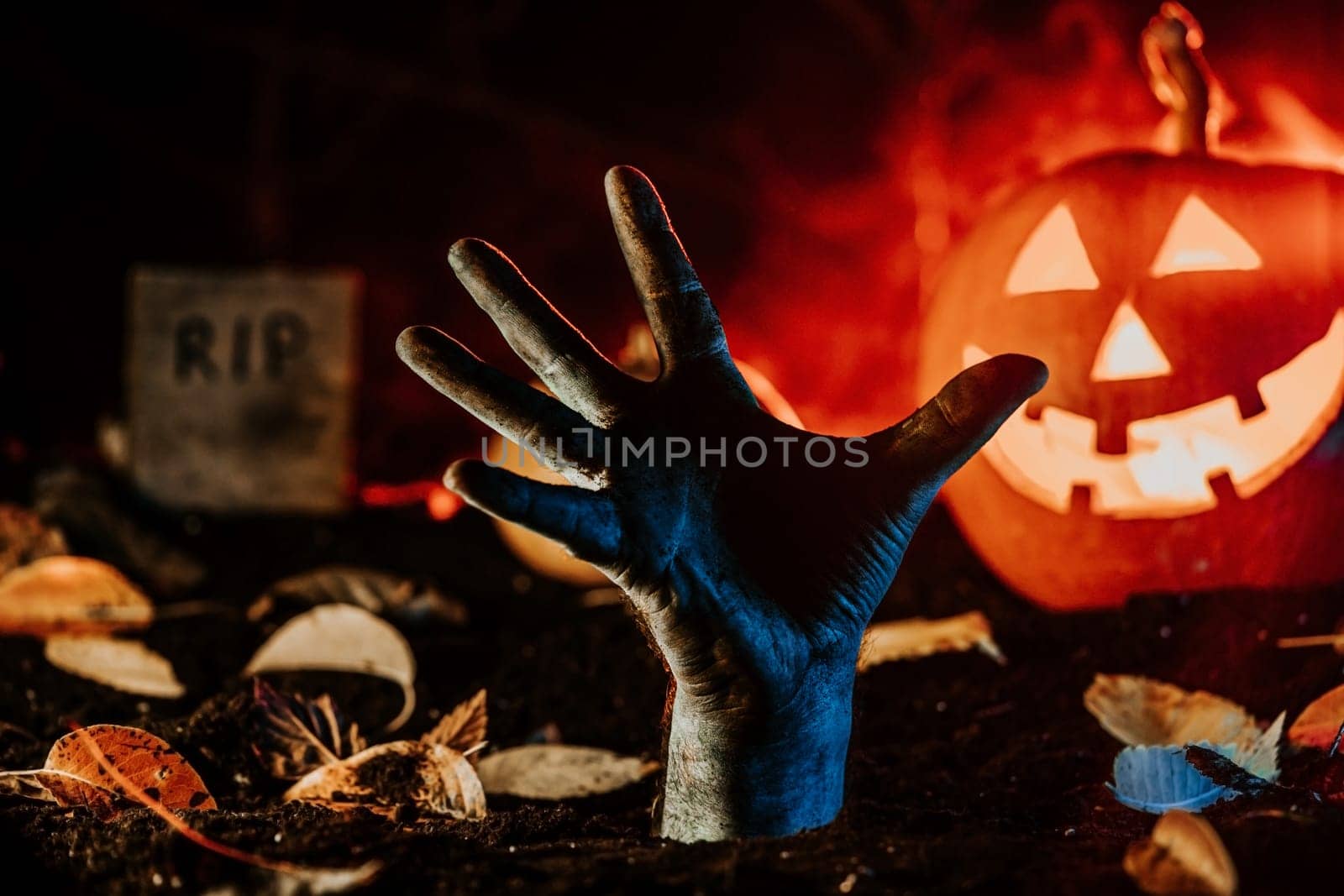 Zombie Hand Rises. Creepy resurgence scene. Perfect advertising for scary halloween projects. Cold shivers. High quality