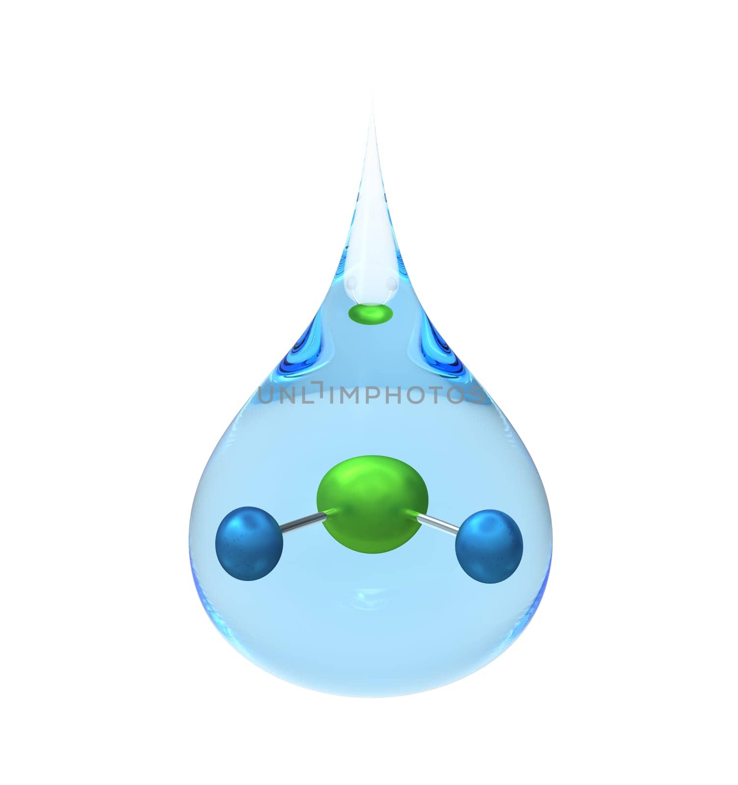 Model of a H2O molecule in a drop of water, isolated on white, 3d render