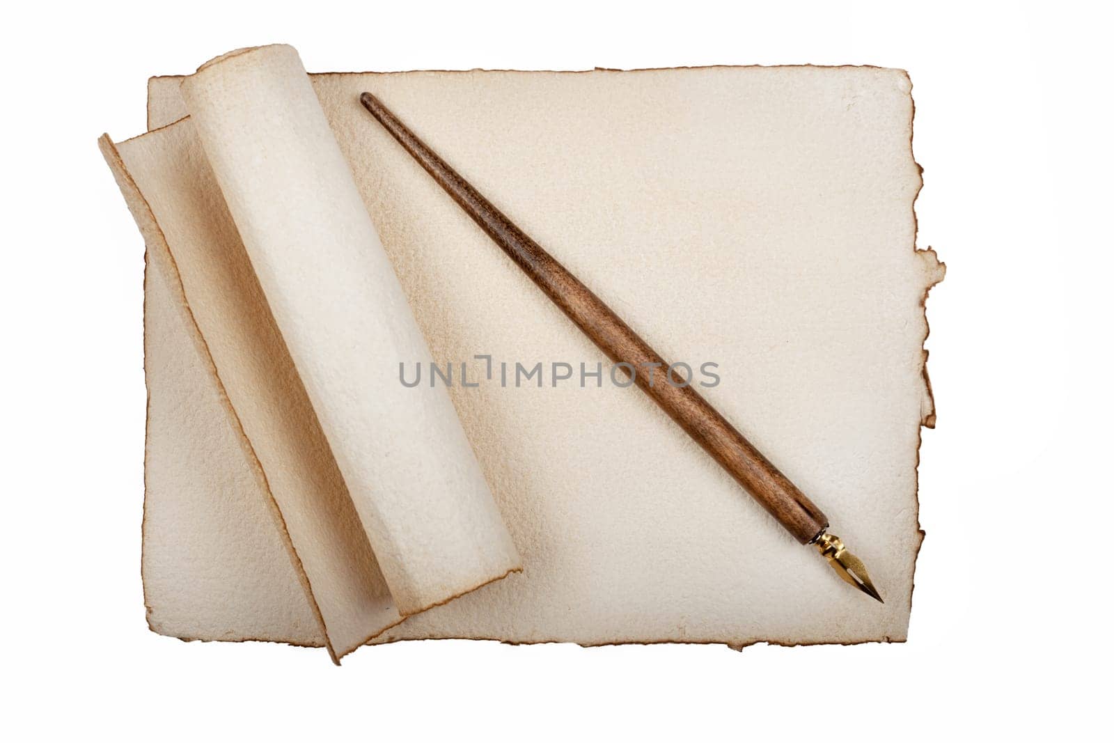 Correspondence Antique,old paper with quill in white background