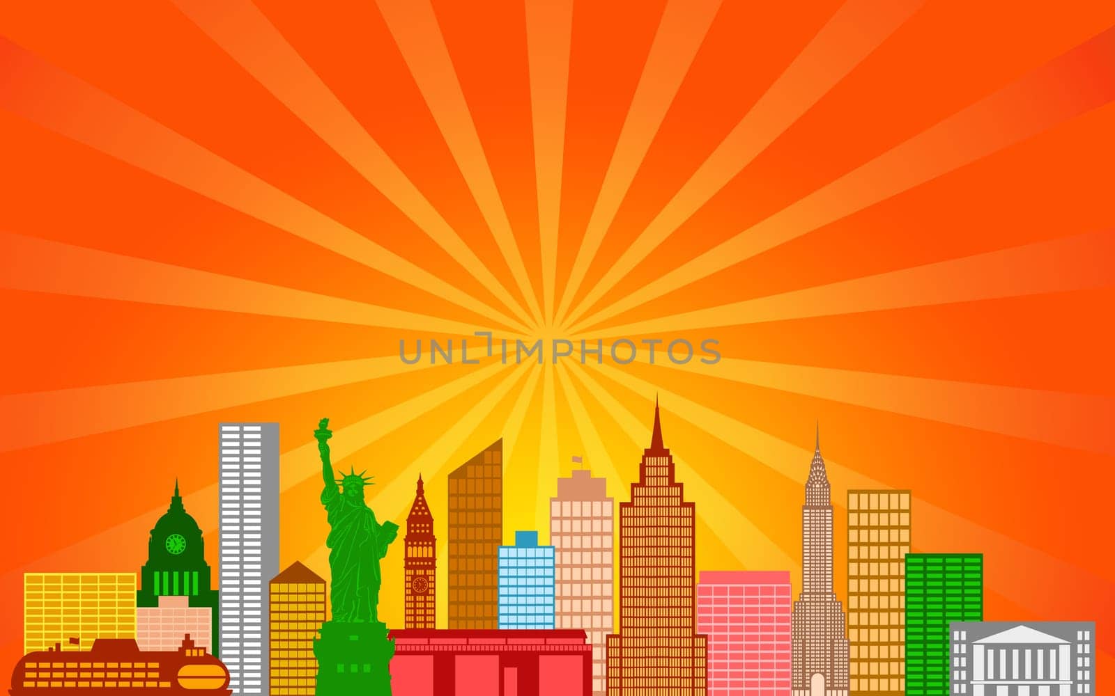 New York City Skyline Panorama Color Silhouette with Sun Rays Clip Art Illustration