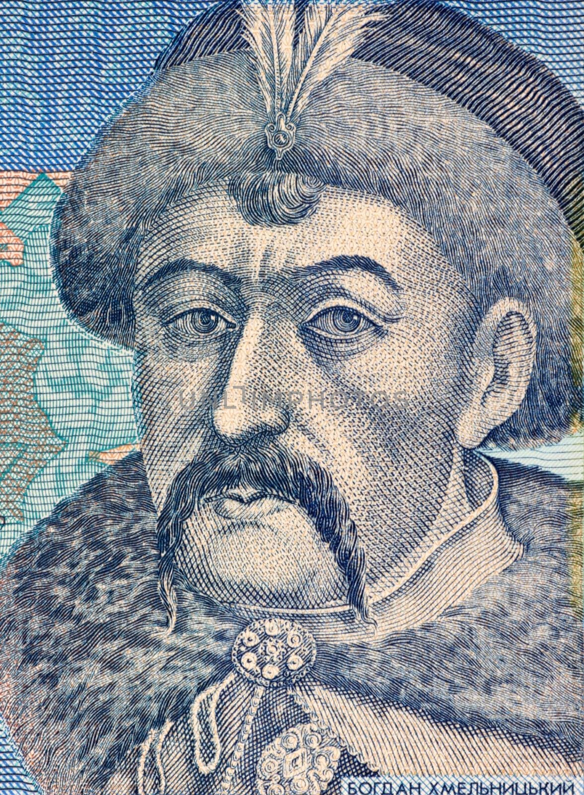 Bohdan Khmelnytsky (1595-1657) on 5 Hryven 2011 Banknote from Ukraine. Hetman of the Zaporozhian Cossack Hetmanate of the Crown of the Kingdom of Poland in Polish-Lithuanian Commonwealth.