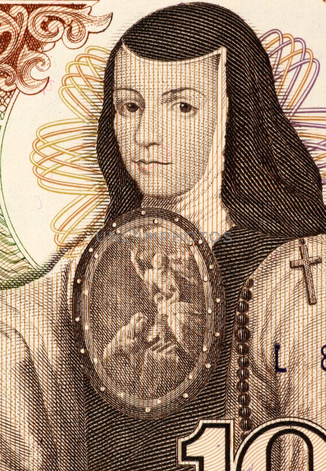 Juana Ines de la Cruz (1651-1695) on 1000 Pesos 1984 Banknote from Mexico. Self-taught scholar and poet of the Baroque school, and nun of New Spain.