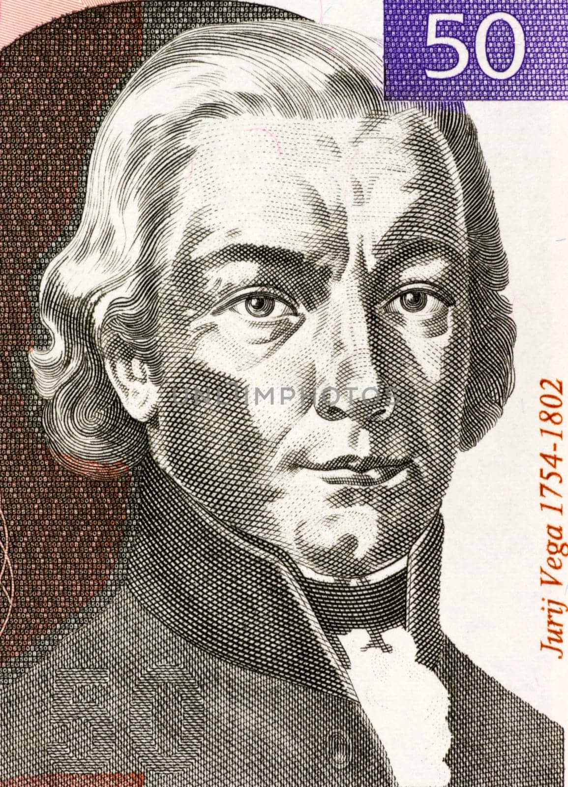 Jurij Vega (1754-1802) on 50 Tolarjev 1992 Banknote from Slovenia. Slovenian mathematician, physicist and artillery officer.