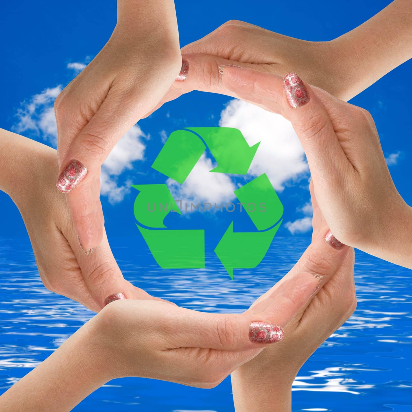 recycle symbol in a circle of hands