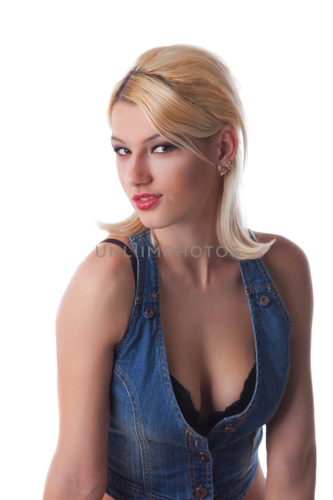 Beauty blond woman sexy portrait  in jeans jacket isolated