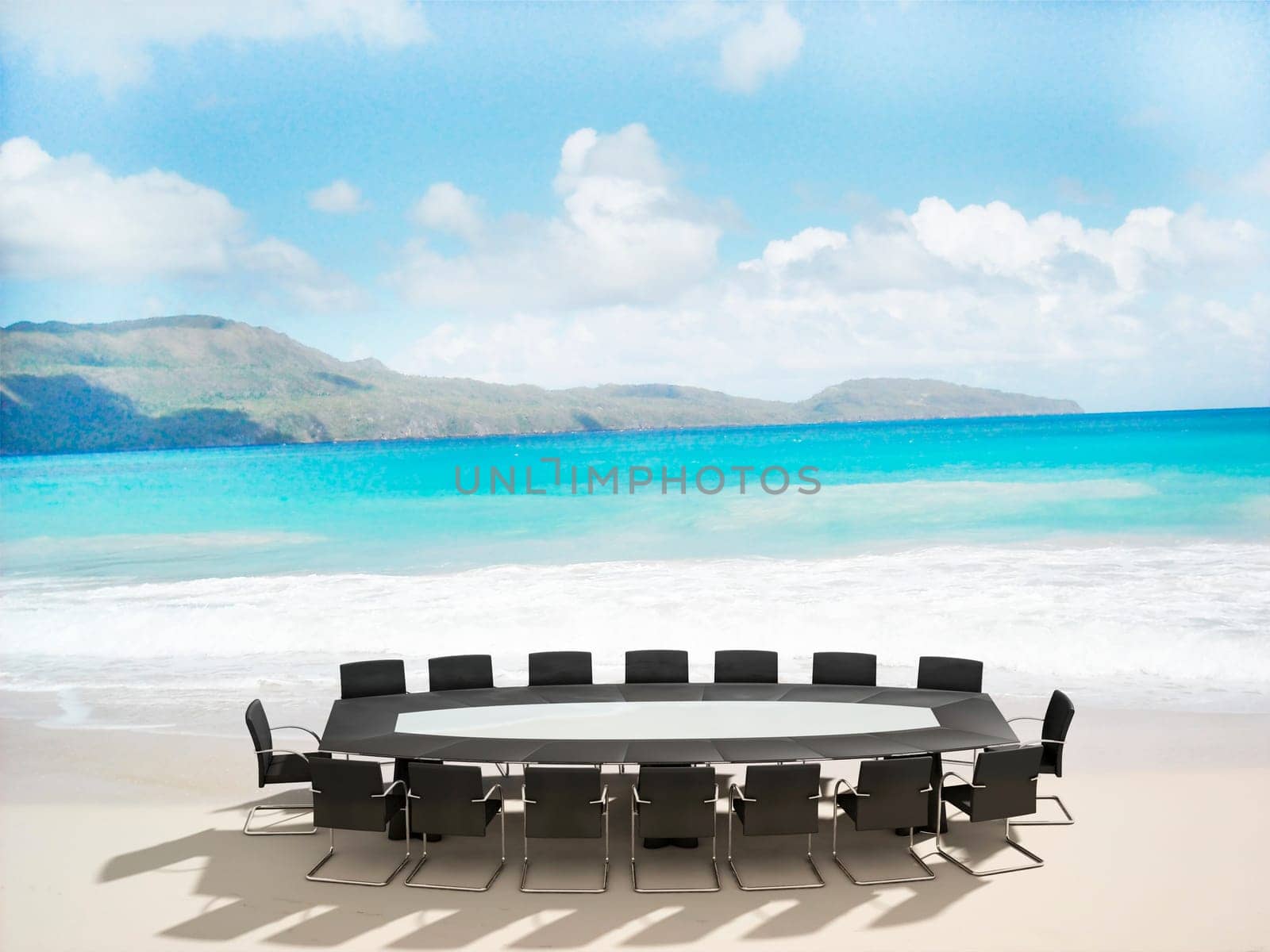 3D rendering of a Meeting table and chairs in the water of a Caribbean beach