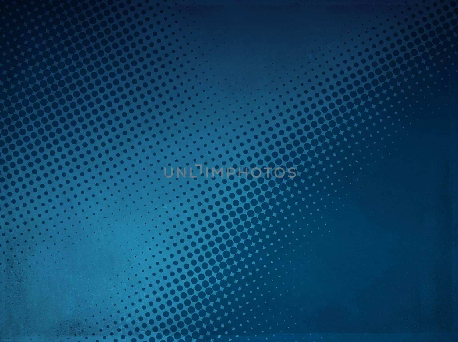 Grunge abstract halftone background made of a light and dark blue dotted pattern.