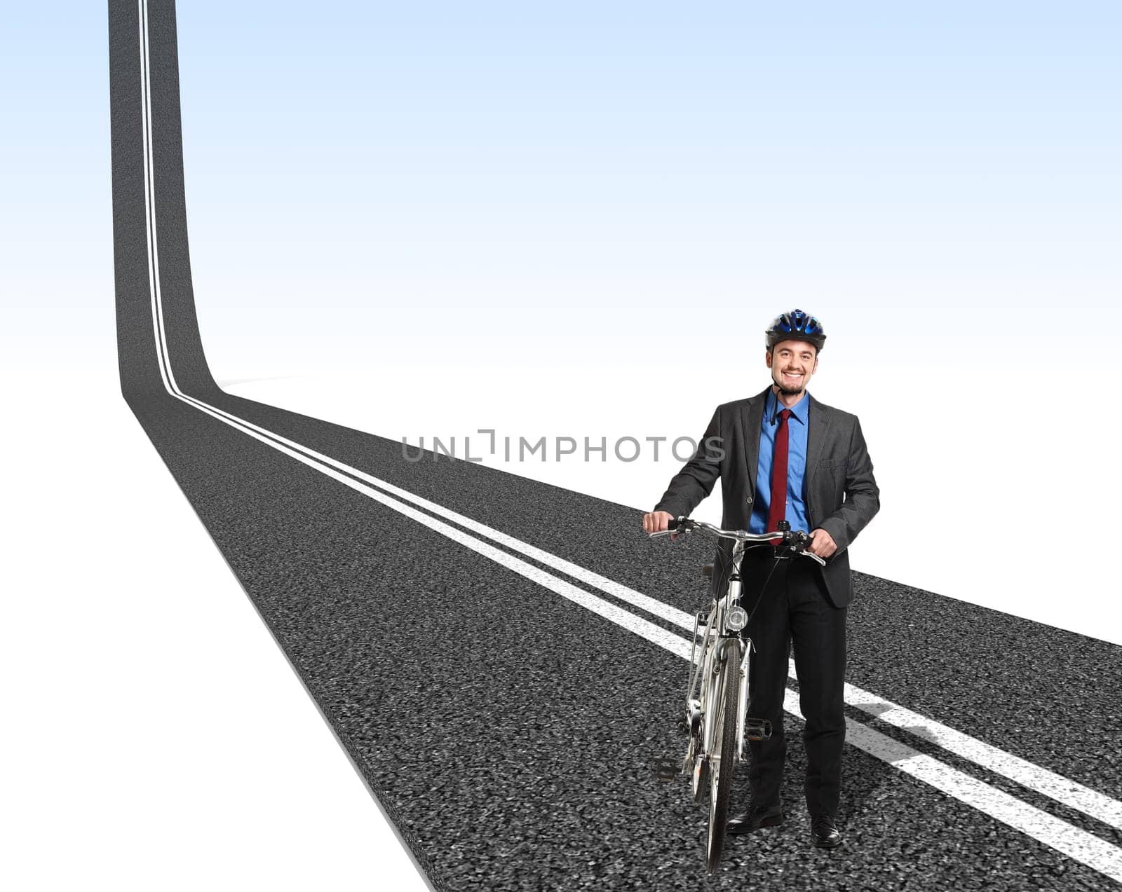 smiling businessman with bike and 3d asphalt way
