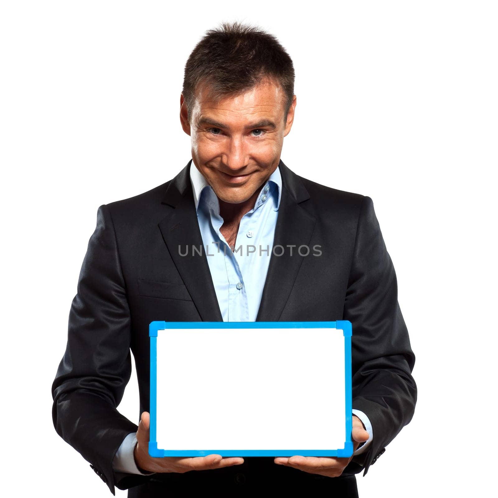 one caucasian business man holding showing whiteboard in studio isolated on white background