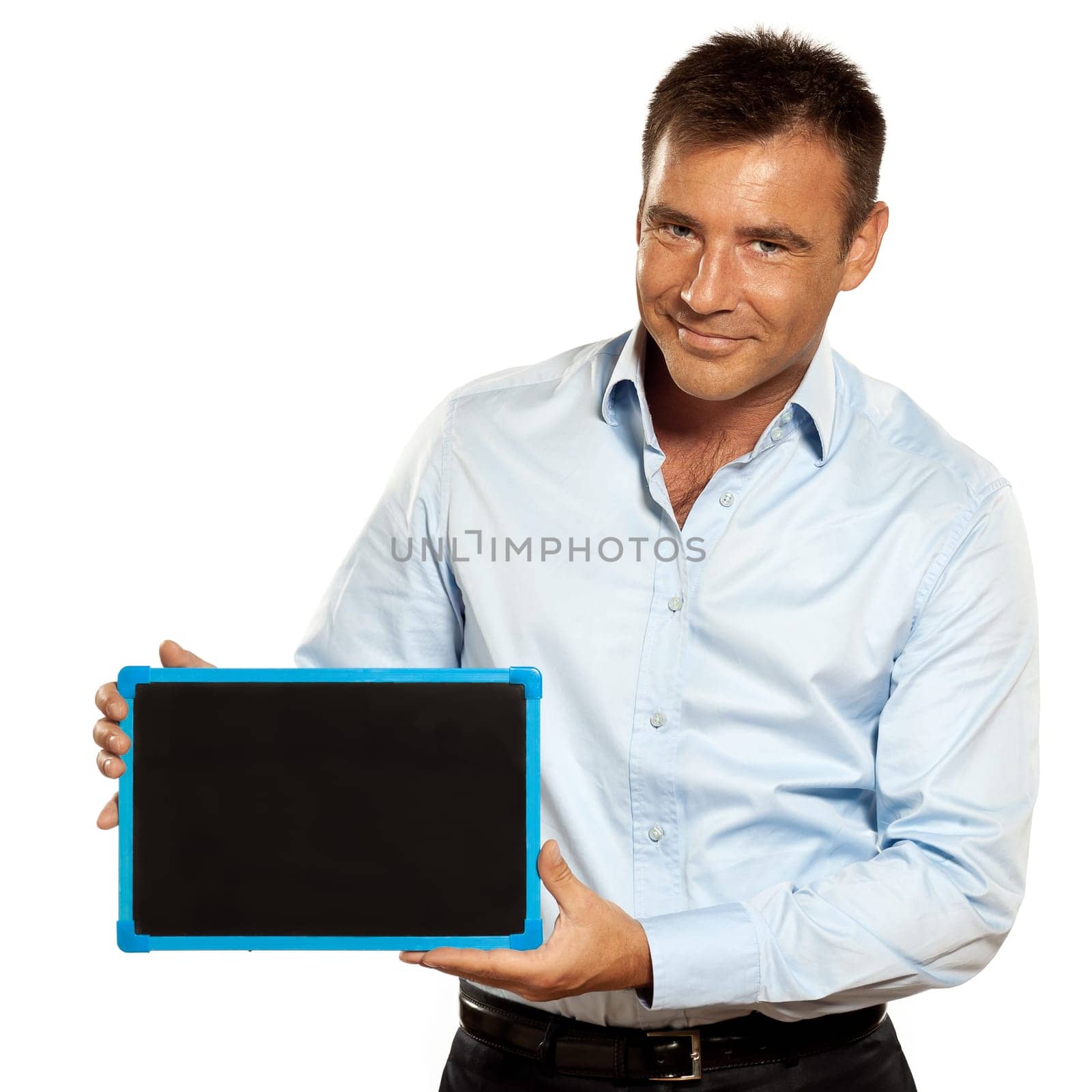 one caucasian business man holding a blackboard copy space message in studio isolated on white background