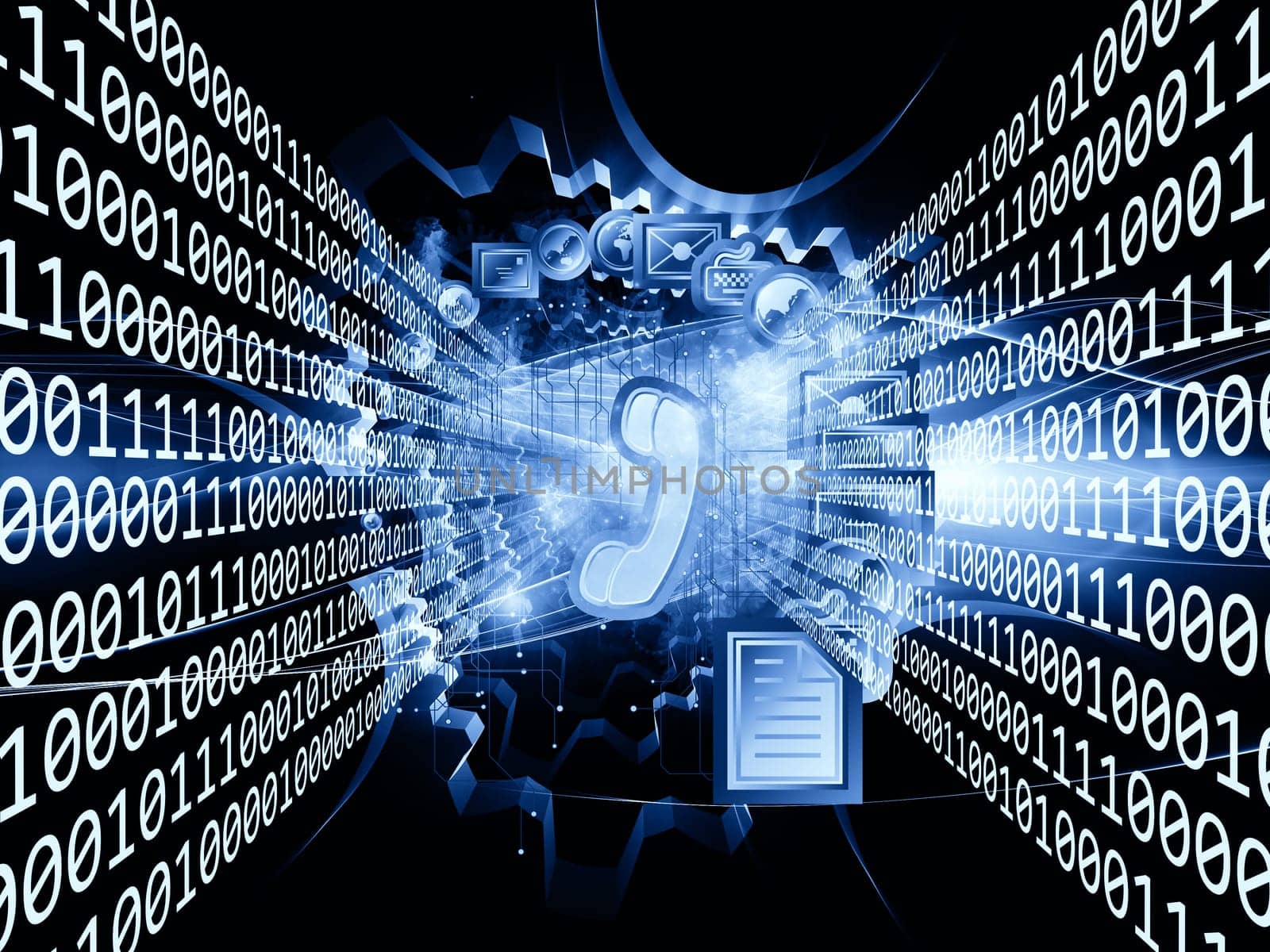Interplay of communication symbols, gears and abstract design elements on the subject of global communications, messaging, information exchange and modern technologies