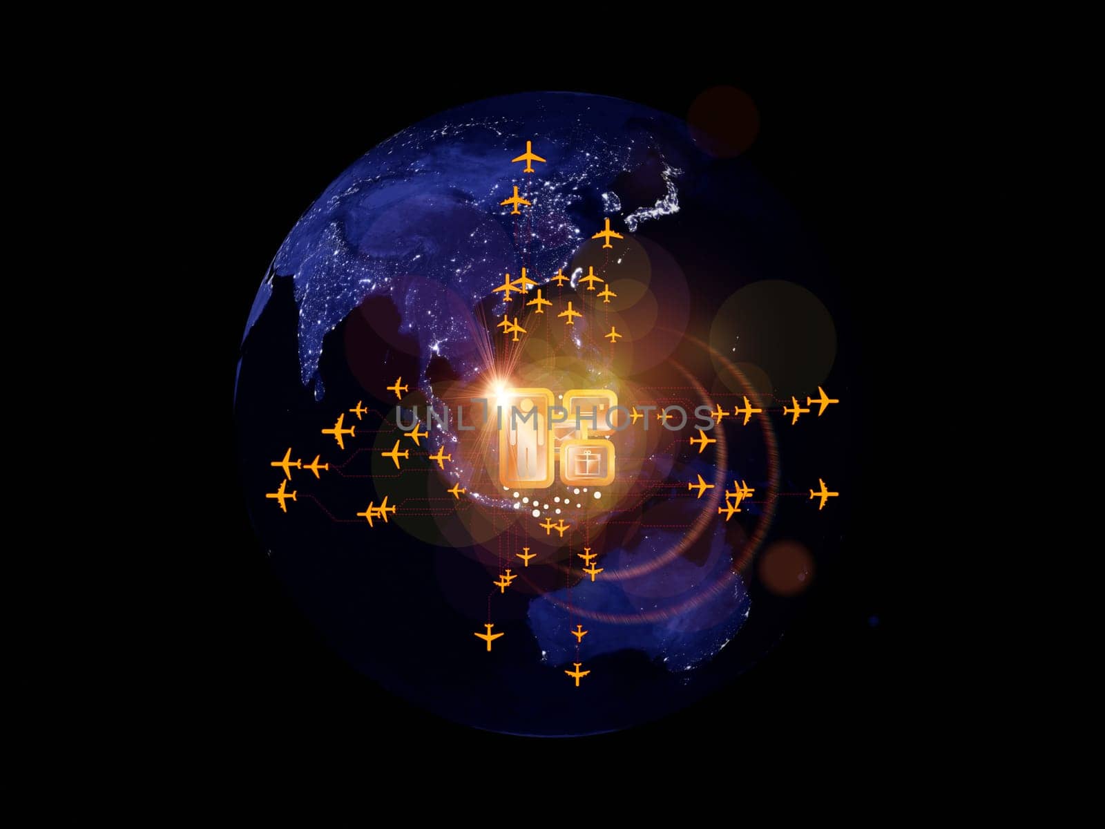 Rendering of city light map (courtesy of NASA), abstract lights and symbols on the subject of global transportation, travel, mail and shipping