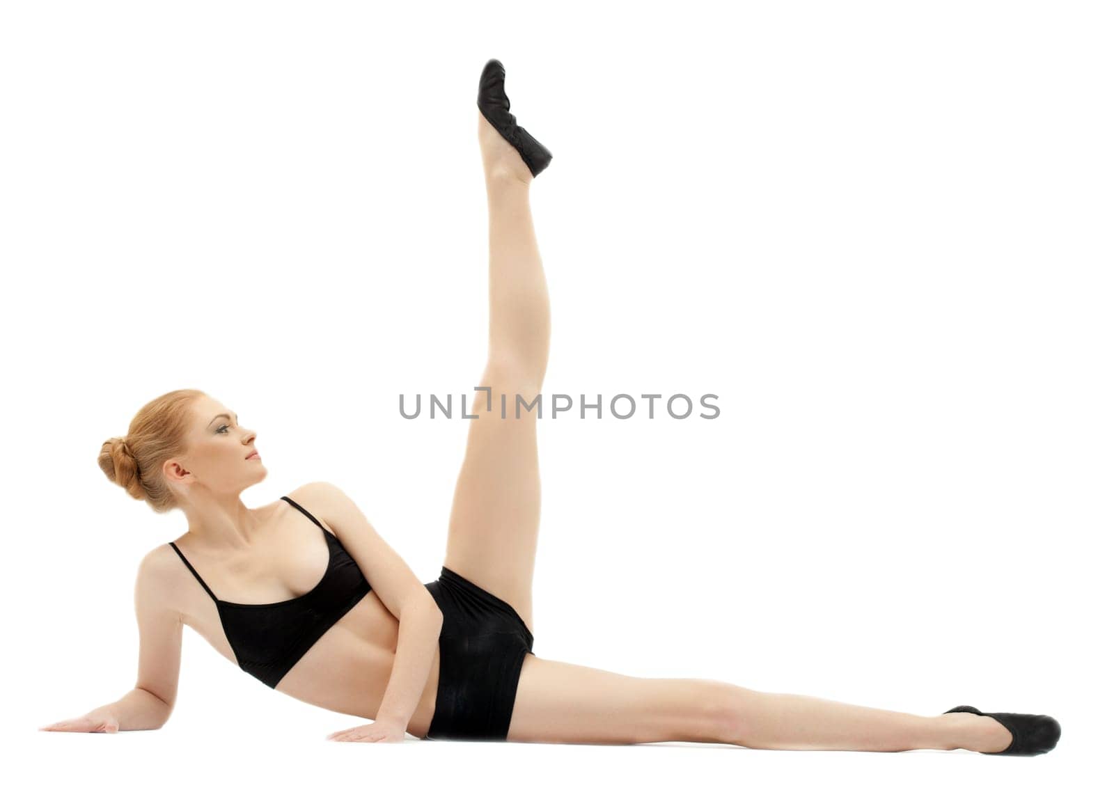 young woman relax in black training suit on white isolated