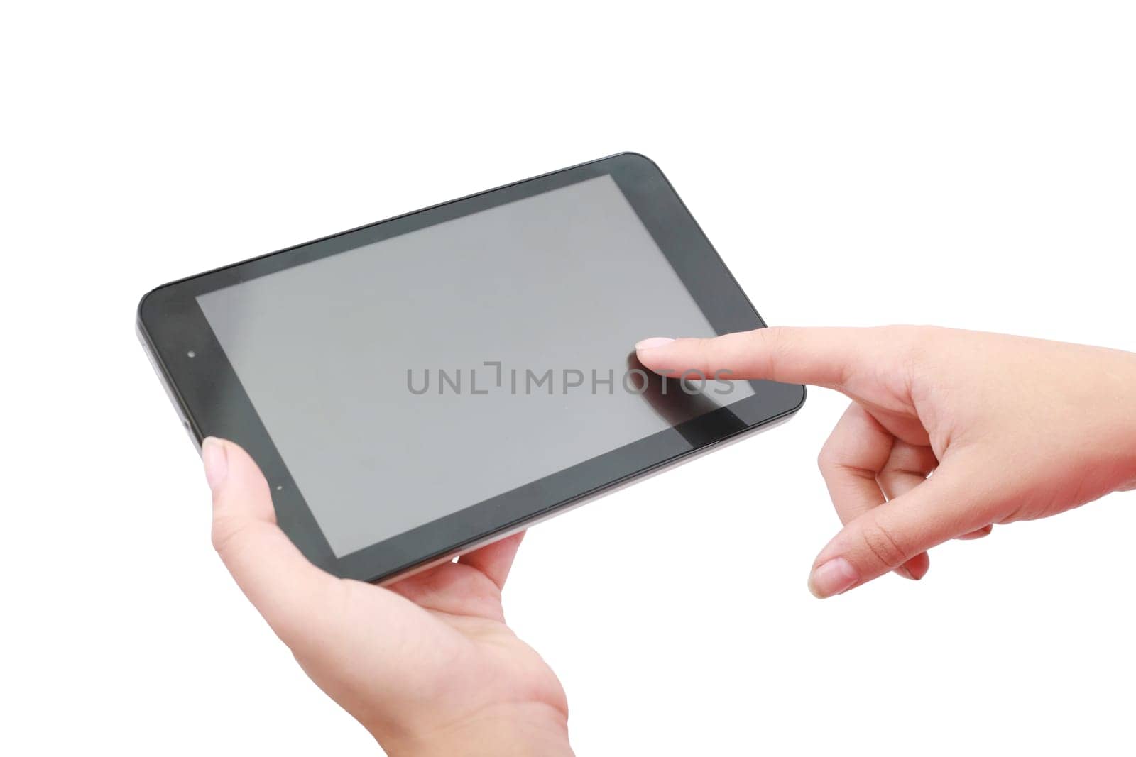 Woman hands holding and pointing on contemporary digital frame with blank screen.