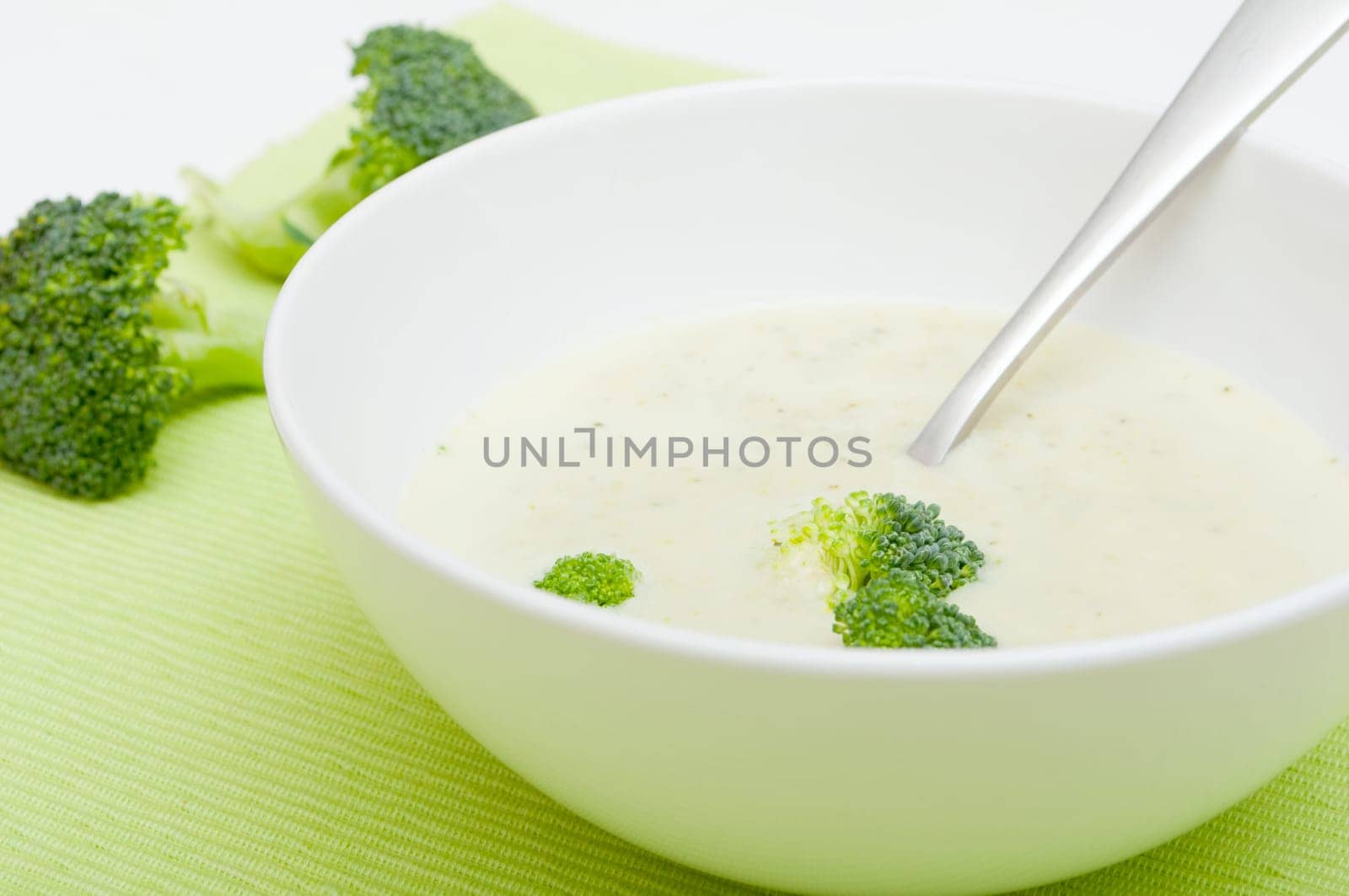 Closeup of Cream of Broccoli Soup in White Bowl