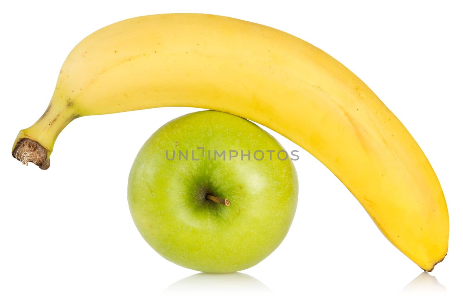 green apple and yellow banana over a white background