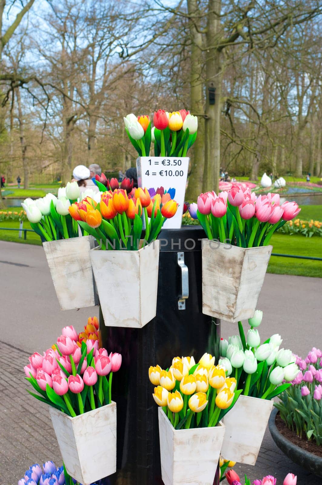 buckets with wooden tulips for sale in the Keukenhof, Netherlands