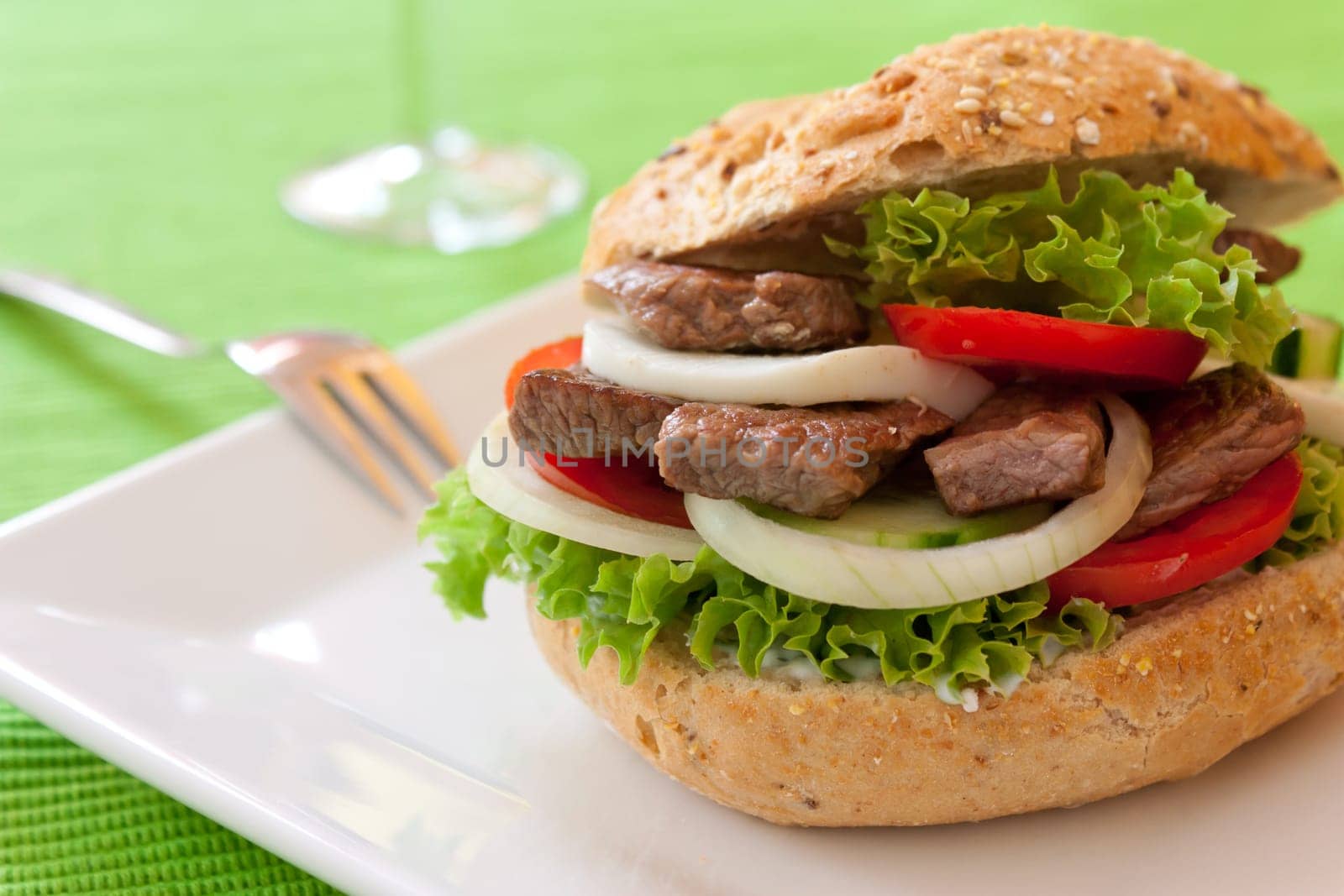 Fresh and healthy sandwich with vegetables and beef sliced