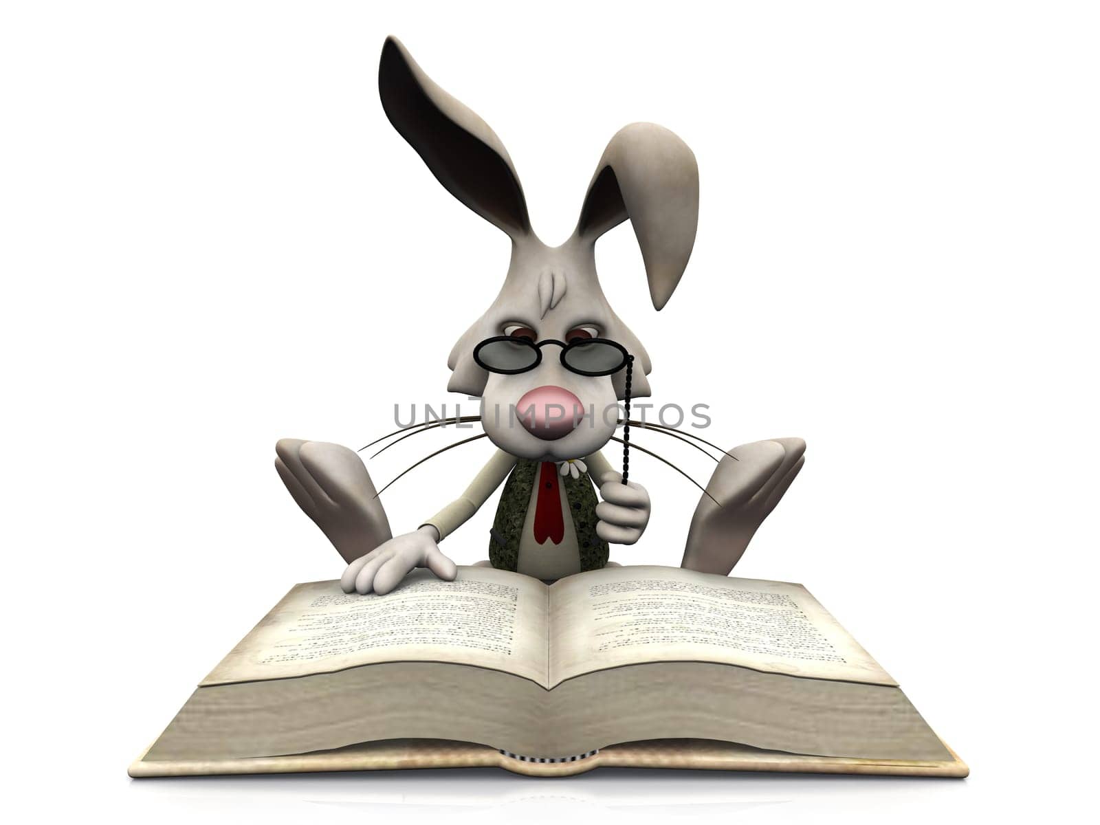A cartoon rabbit wearing glasses sitting on the floor and reading a big book. White background.