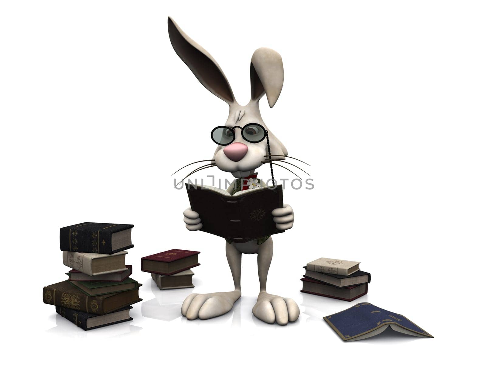 A cartoon rabbit wearing glasses and reading a book. He is surrounded by piles of books. White background.