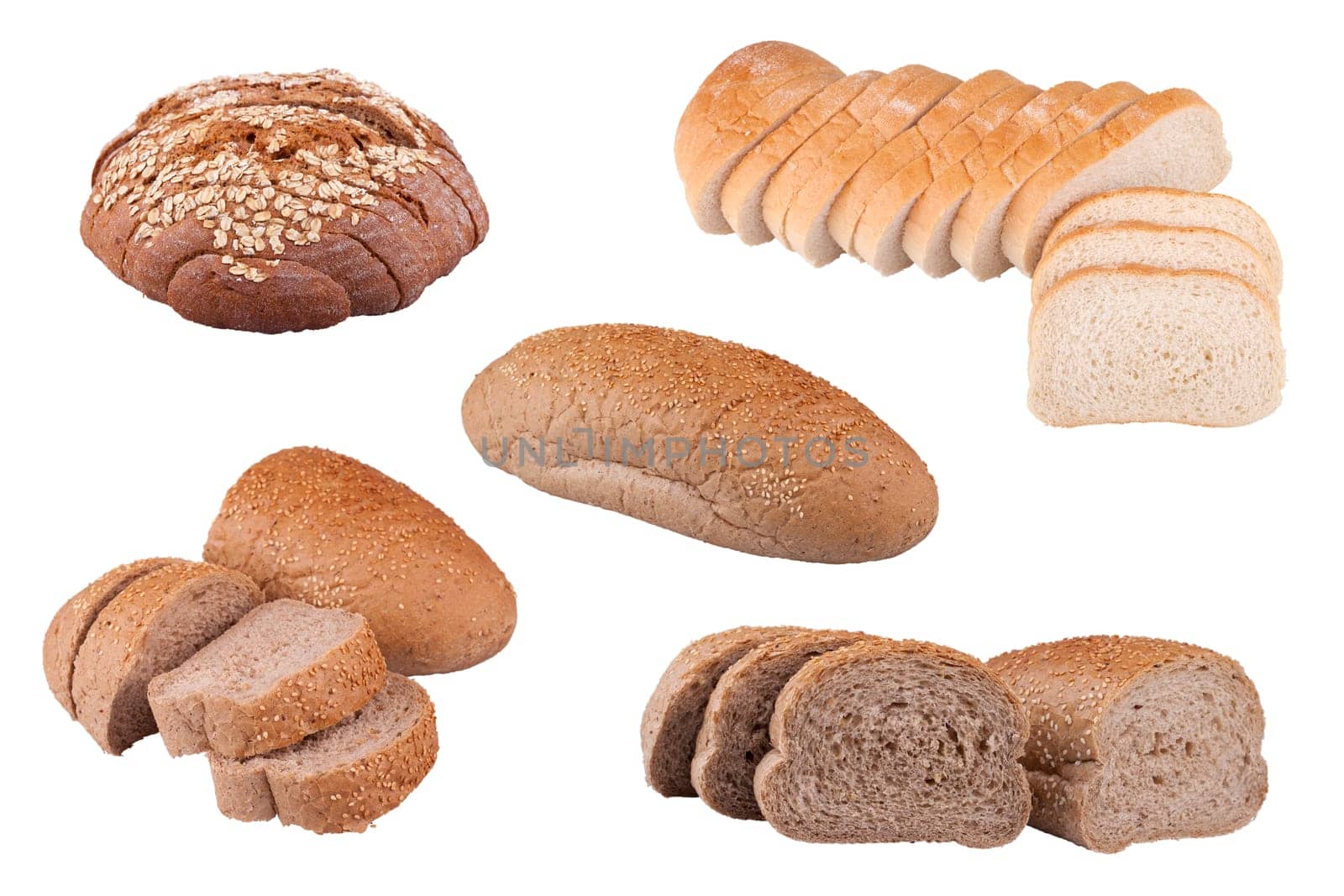 Breads with sesame seeds, toast bread and rye bread isolated on white background.