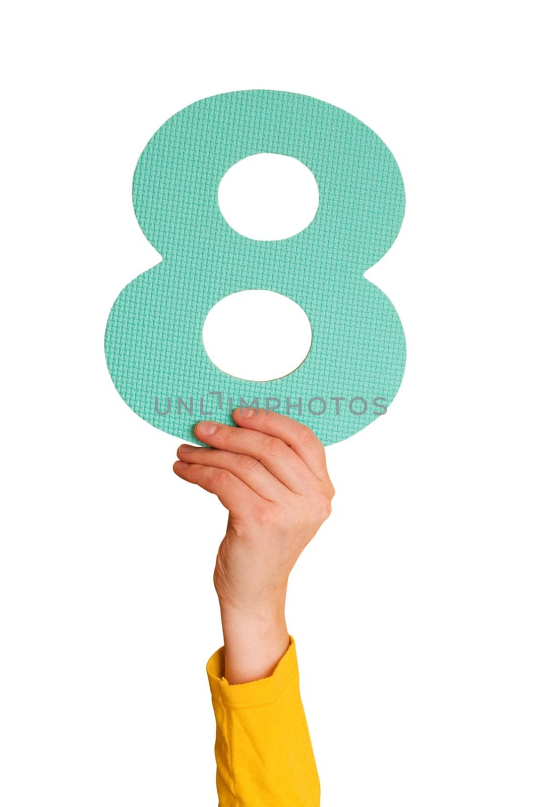 number eight in hand,isolated on white background
