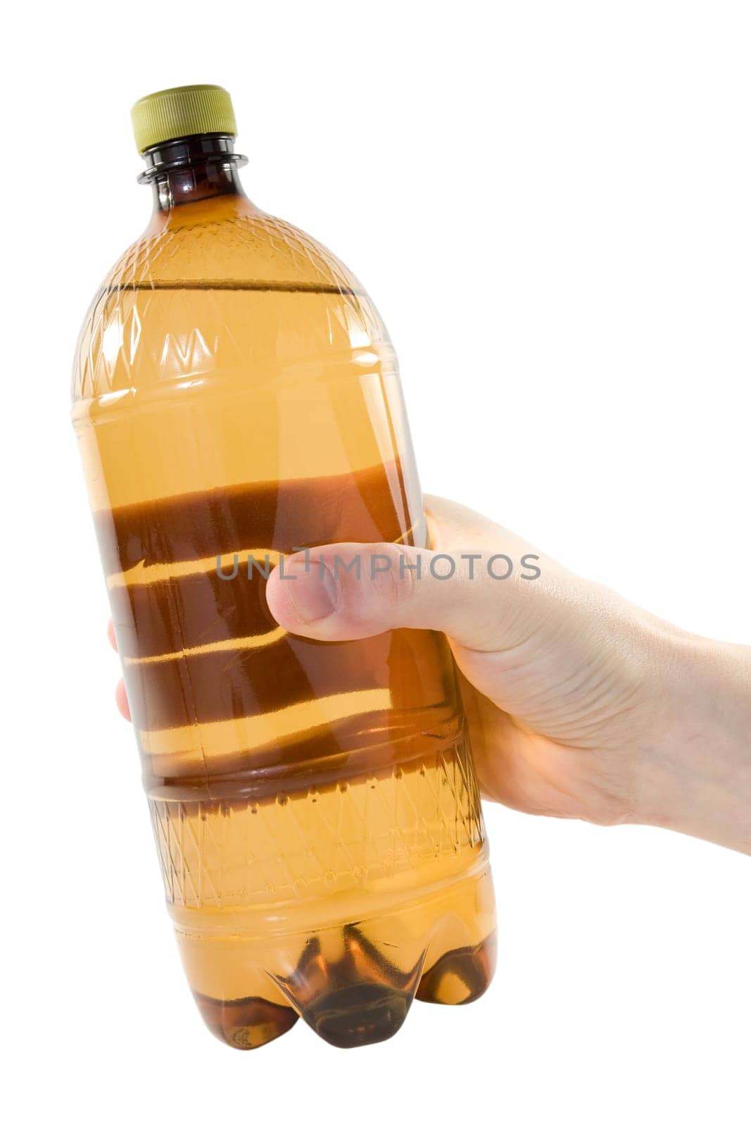 hand with plastic bottle isolated on white background