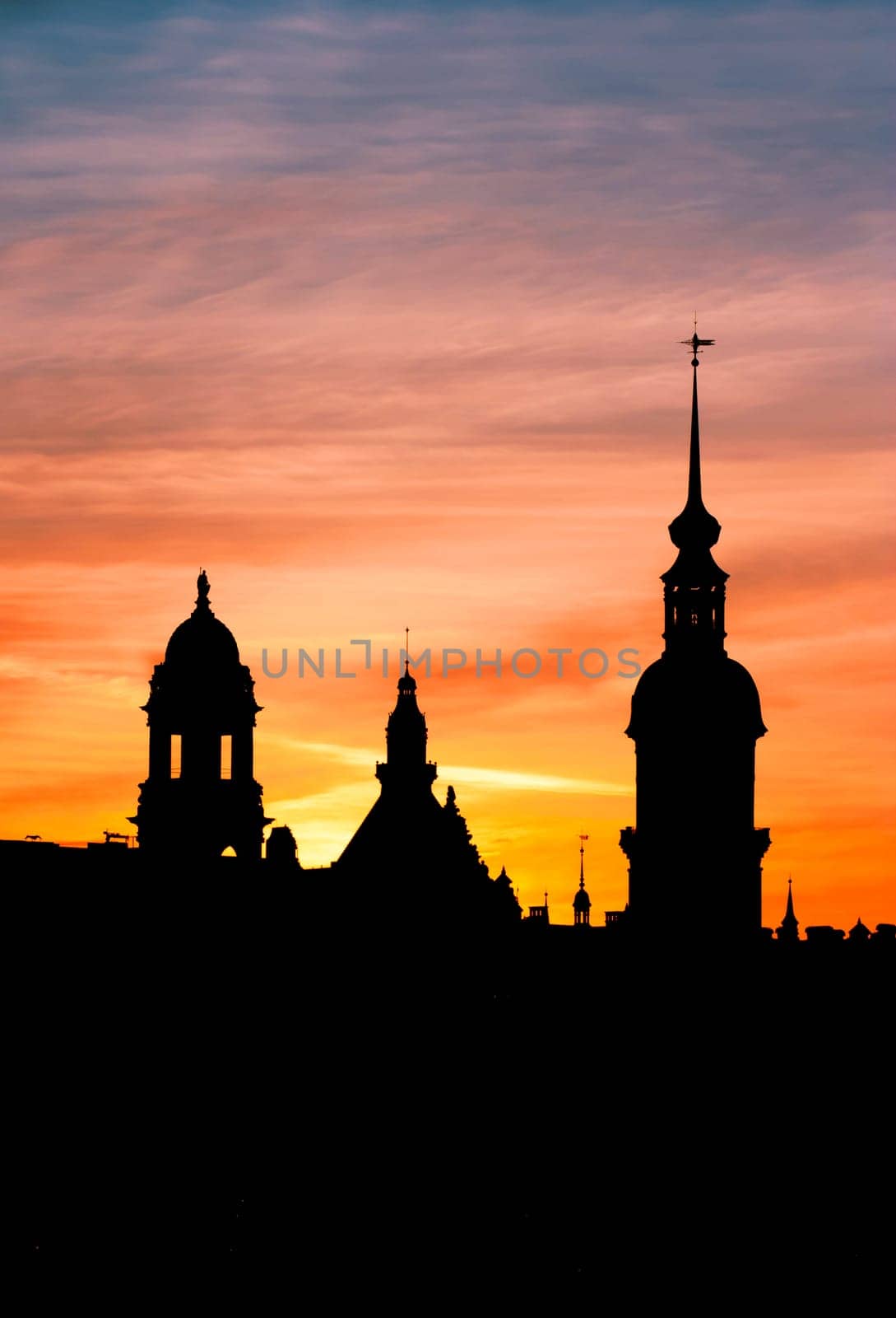 View of a sunset over the steeples of Dresden