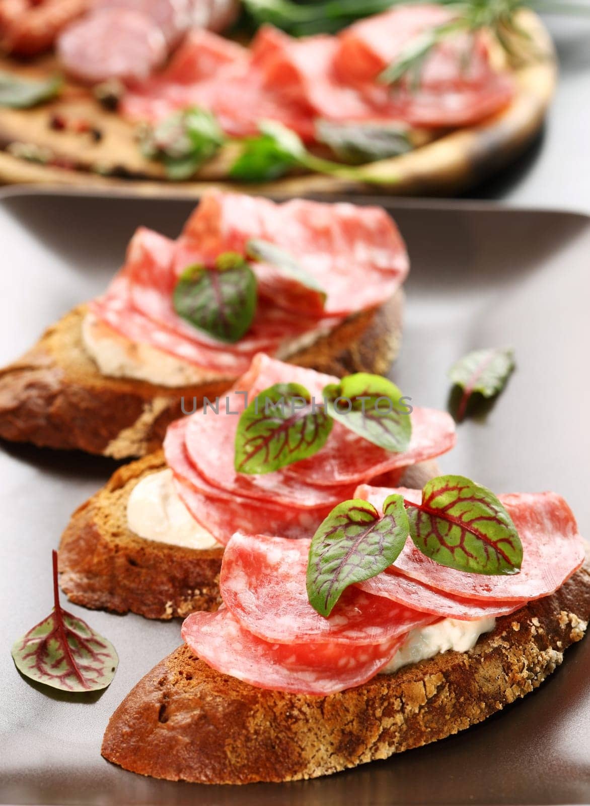 Canape with cream cheese, salami and herbs