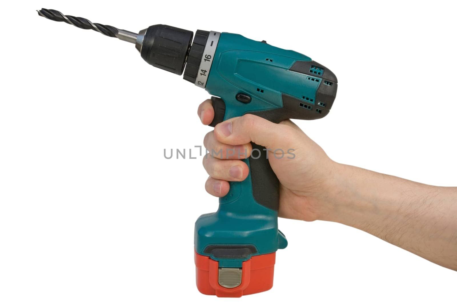Hand holding cordless drill. isolated on white background.