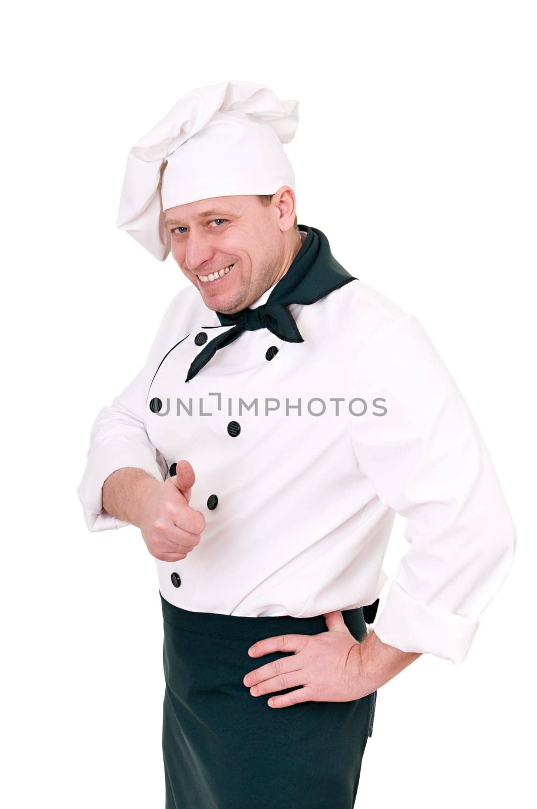 man cook shows all right isolated on white background