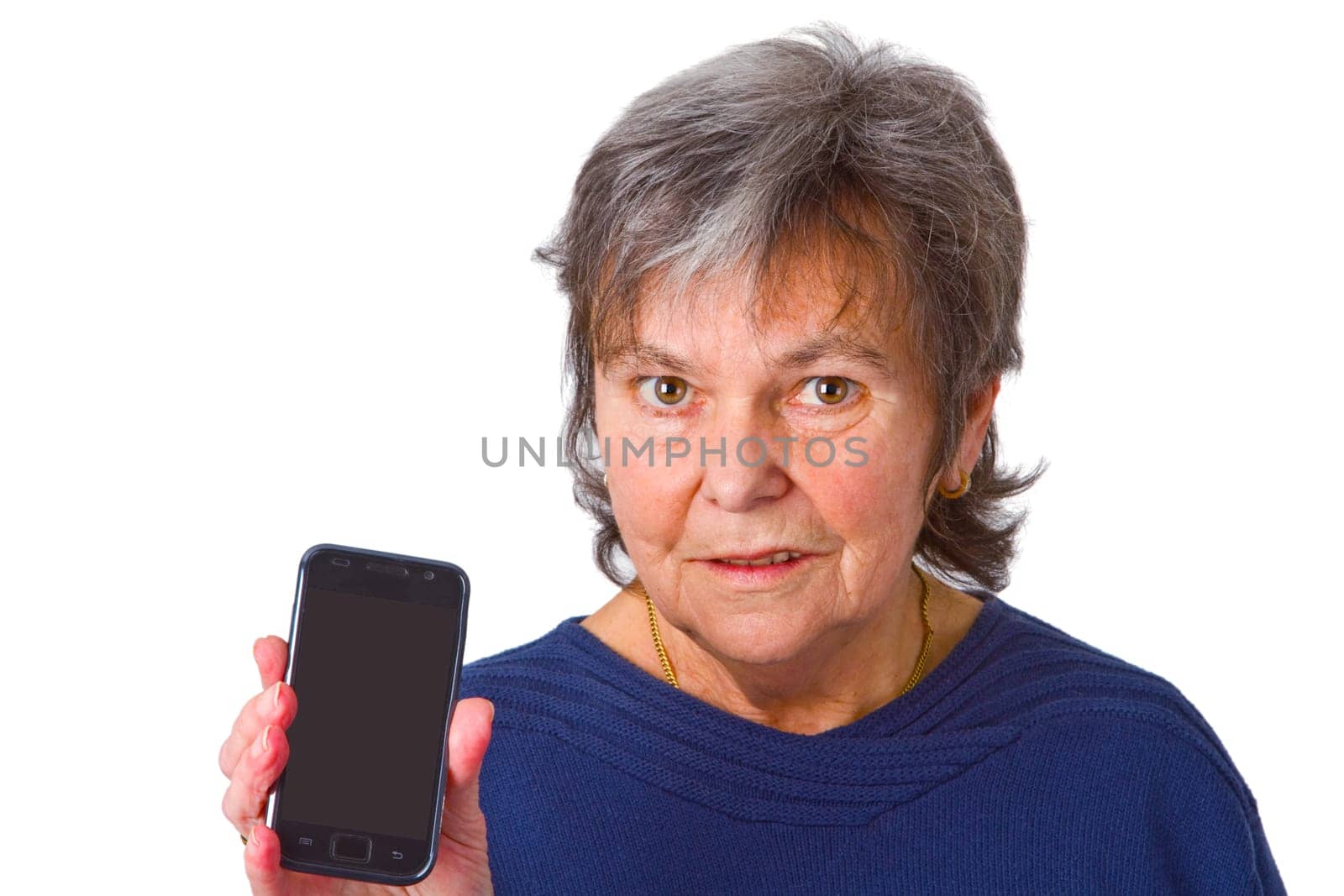 Senior woman using smartphone - isolated on white background