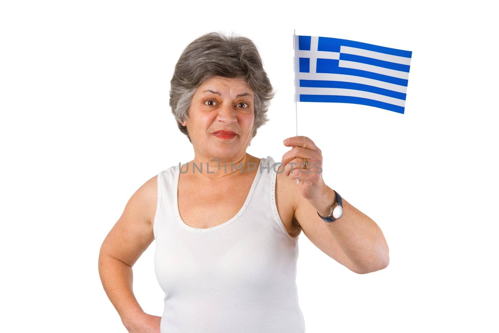 Greek senior woman with national flag - isolated on white background