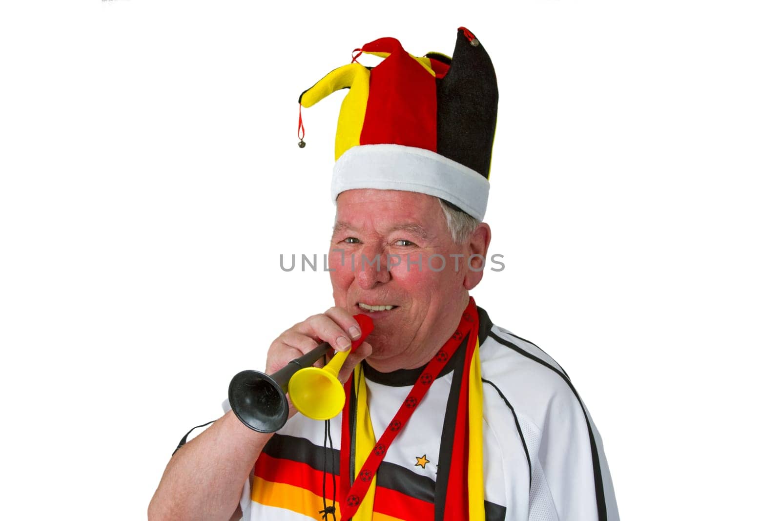 Senior football fan isolated on white background