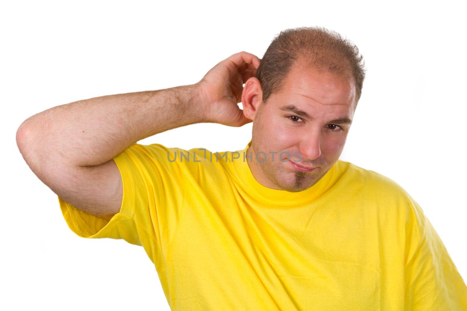 Young man tearing his hair - isolated on white background