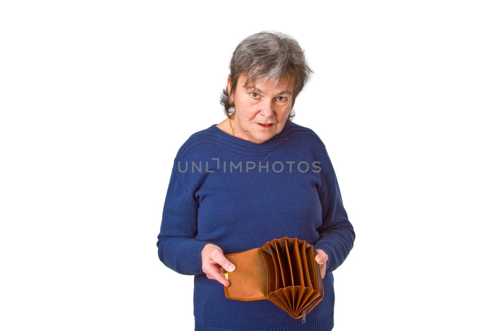 Senior woman with empty purse - isolated on white background