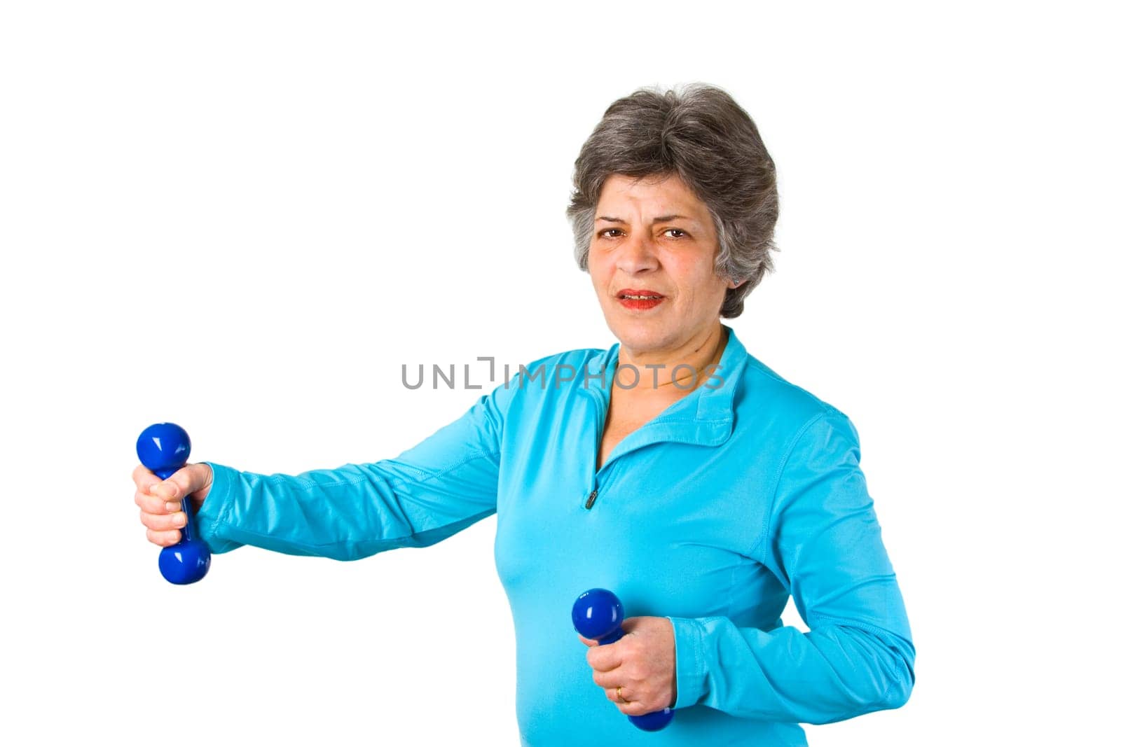 Senior woman with dumbbell - isolated on white background