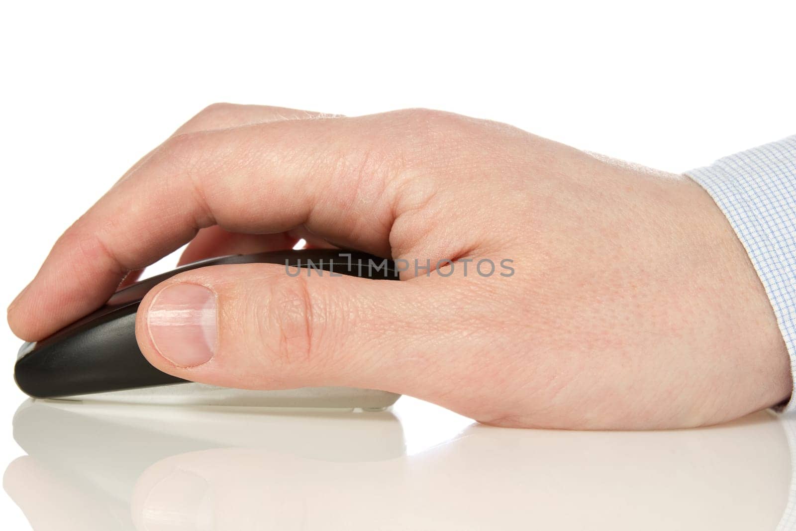 Hand holding  wireless computer mouse over a white background