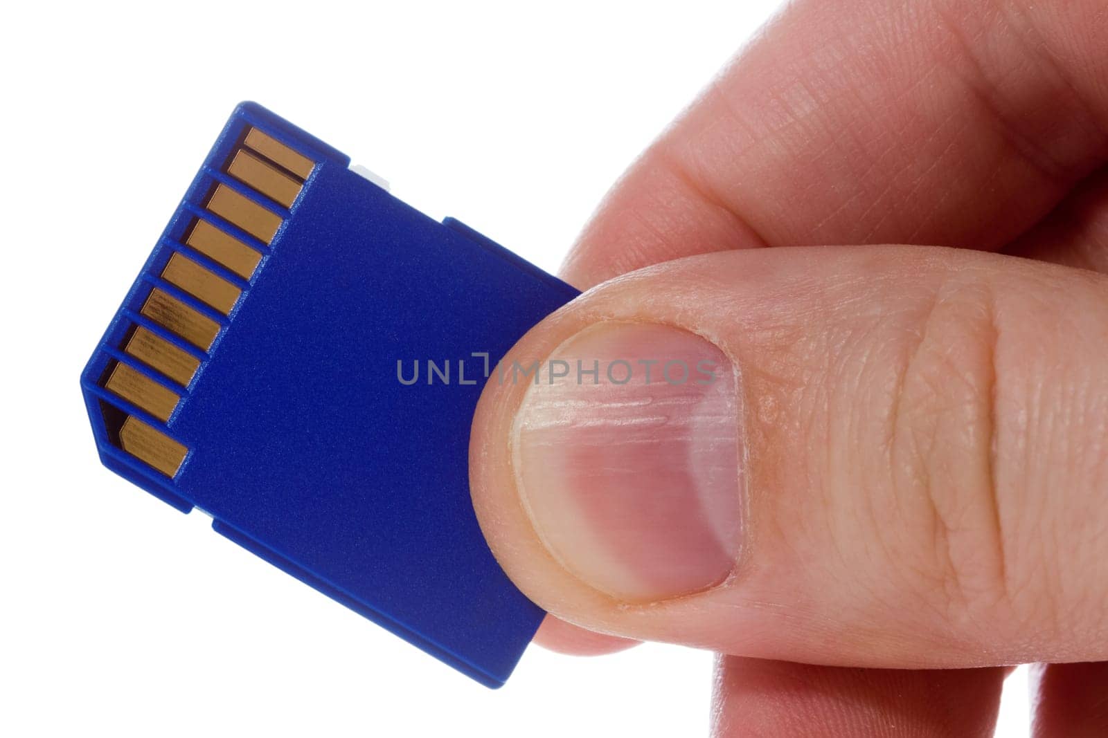 hand with blue sd memory card. isolated on white background