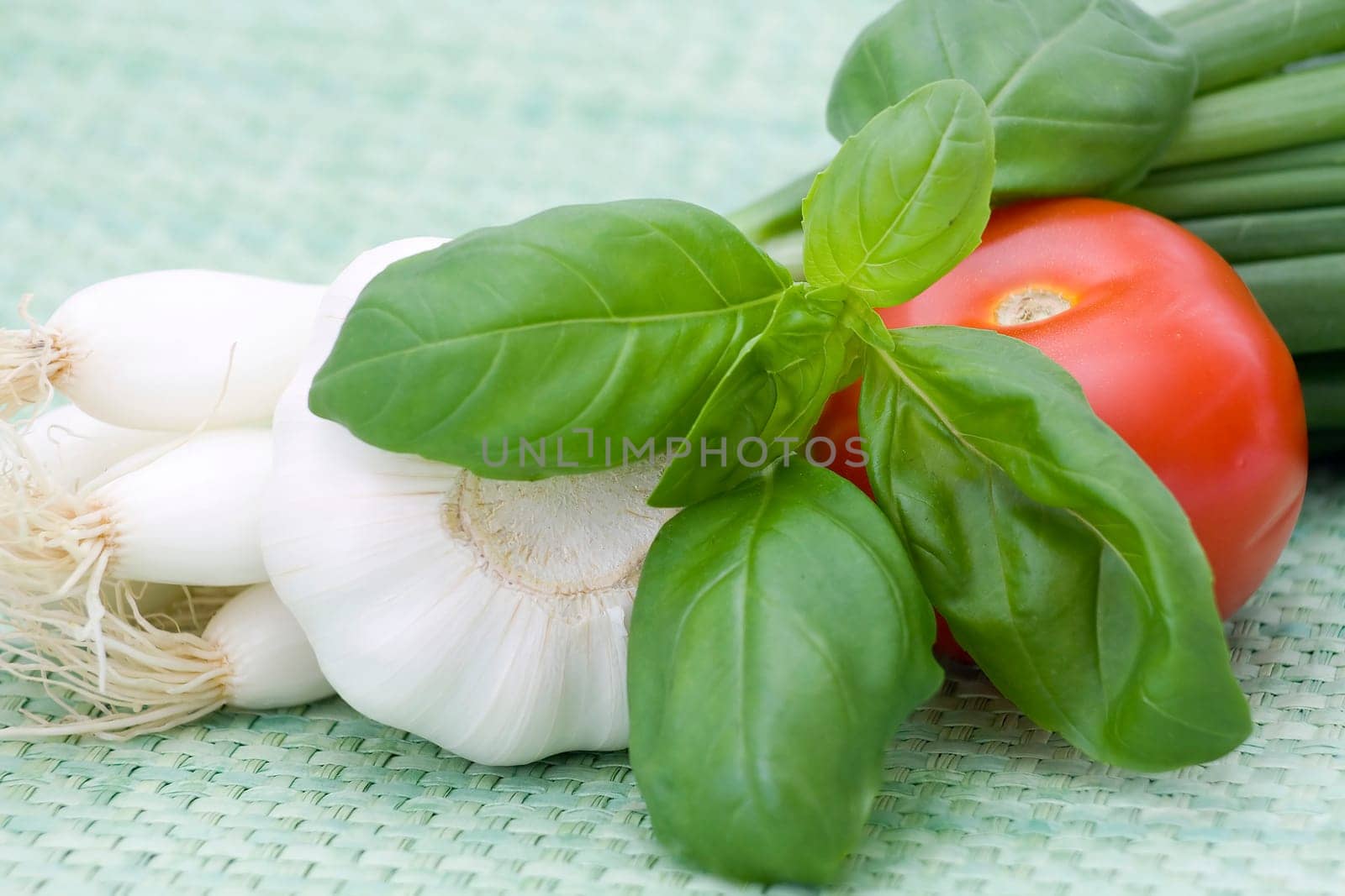 onion, tomato, garlic and basil
