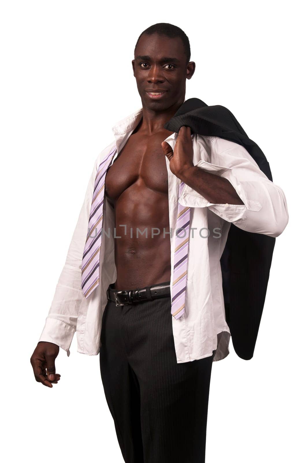 Young black man with muscular body and suit