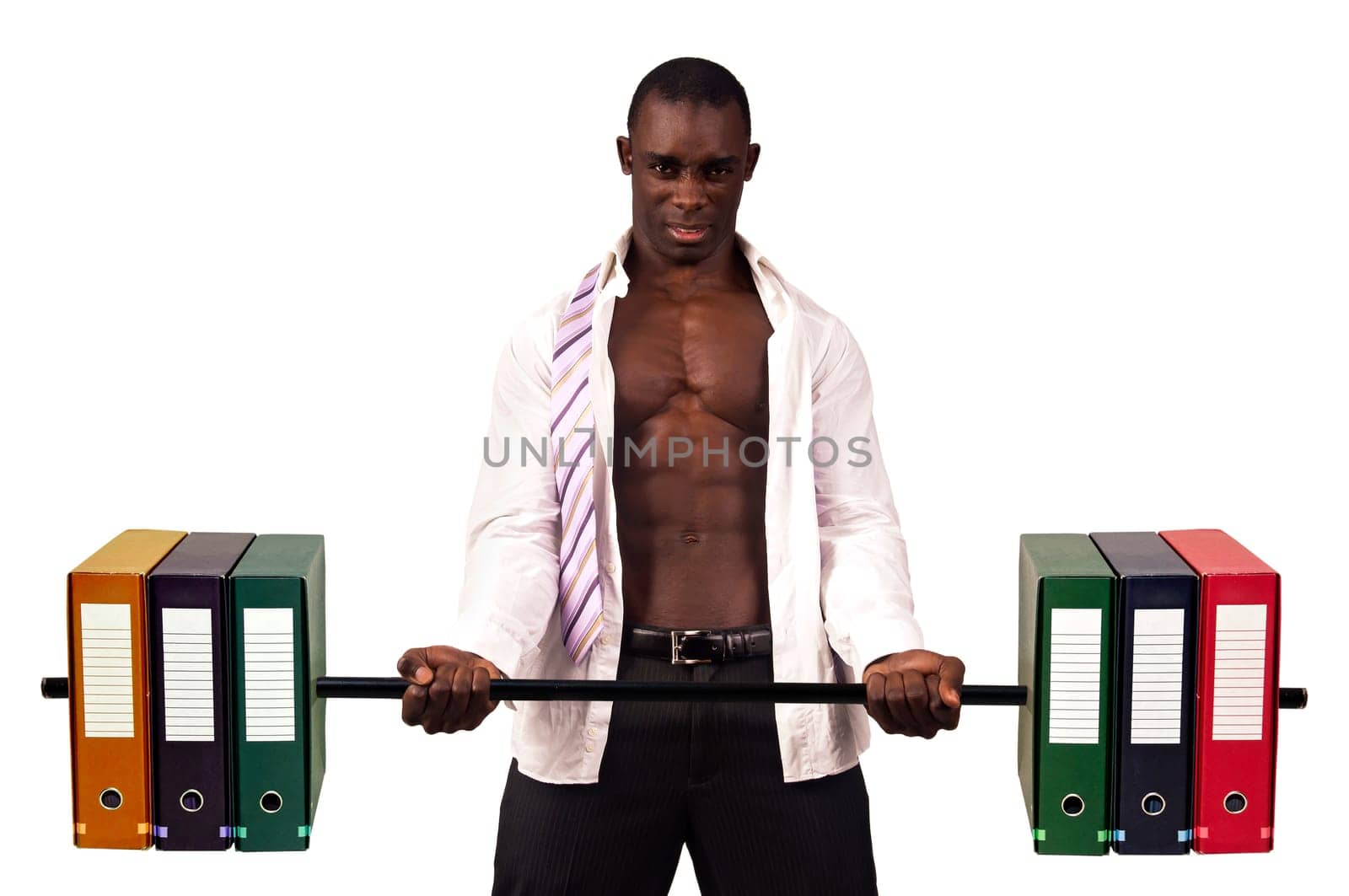 Strong businessman lifting weights made of heavy files