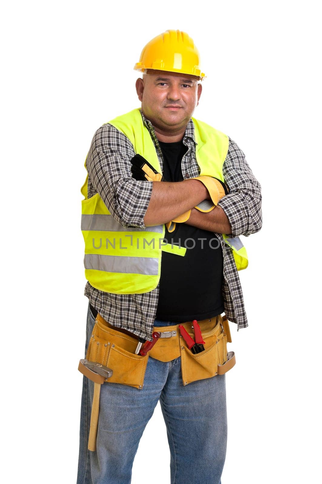 Plump construction worker isolated in white