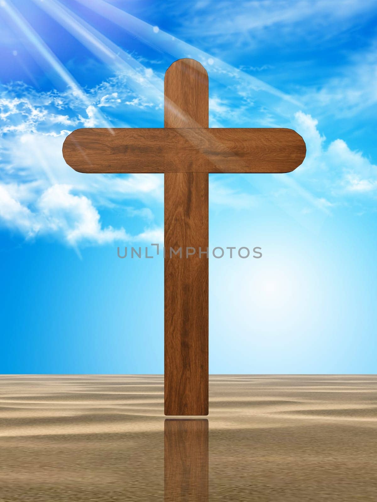 A wooden cross in the middle of a desert of sand