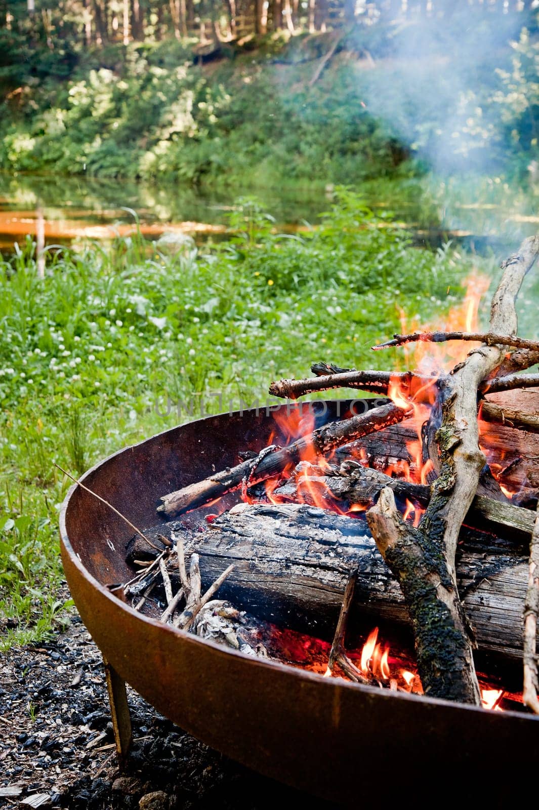 Campfire in the wilderness with small pond