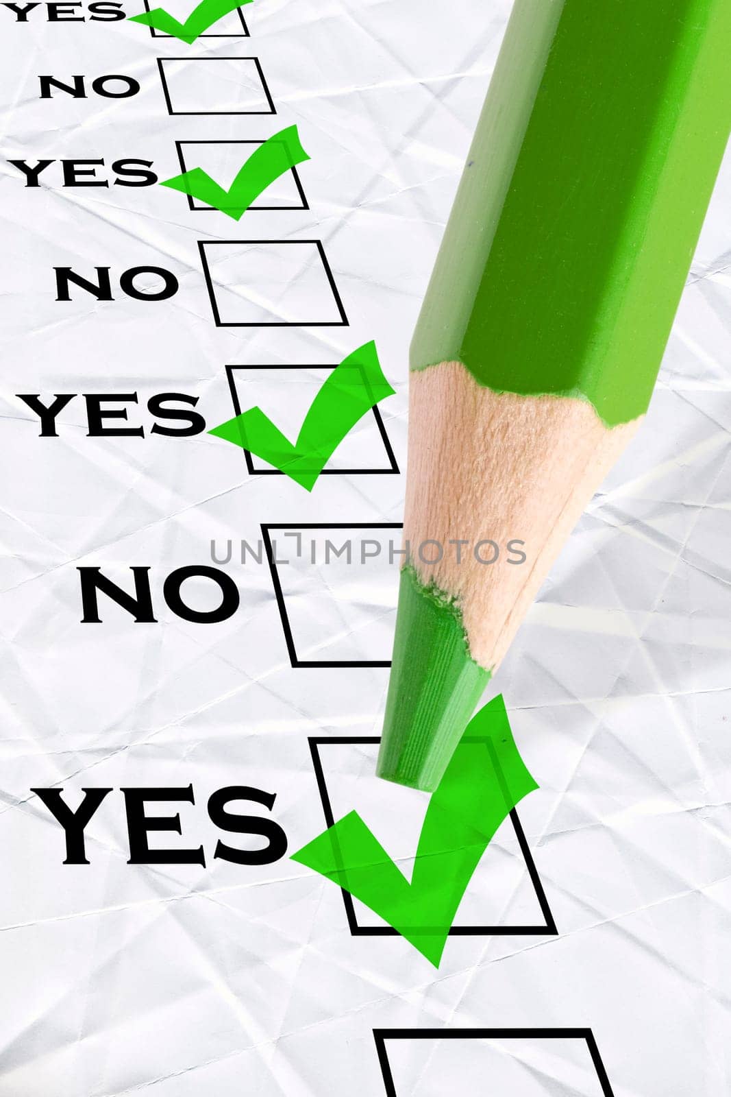 marked check boxes "yes"" and big green pencil"